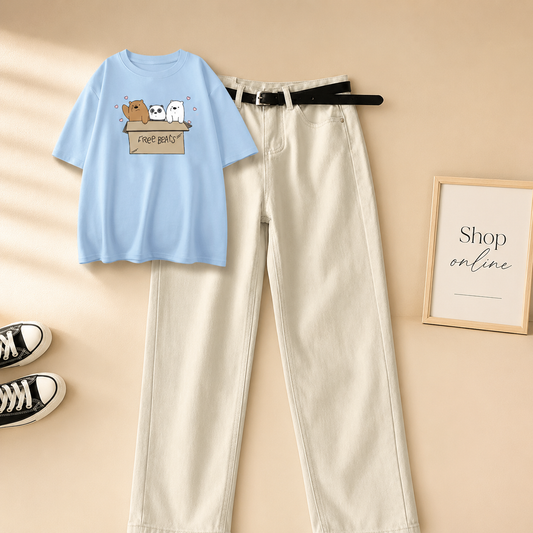 SKY BLUE TEE FREE BEARS WITH WHITE MOM JEANS