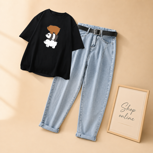 BLACK BEAR ON BEAR TSHIRT WITH ICE BLUE MOM JEANS