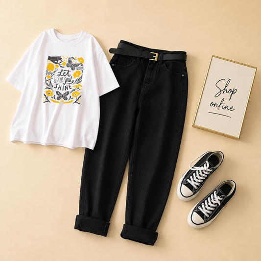 WHITE TSHIRT LET YOUR SOUL SHINE WITH BLACK MOM JEANS