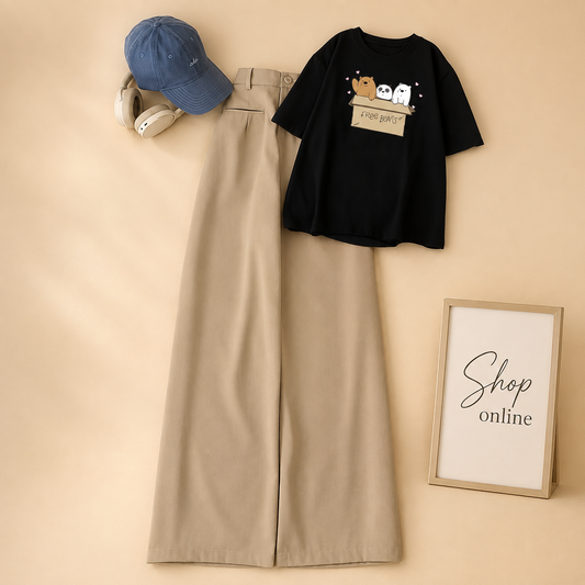 BLACK FREE BEAR TEE WITH BEIGE WIDE LEG JEANS