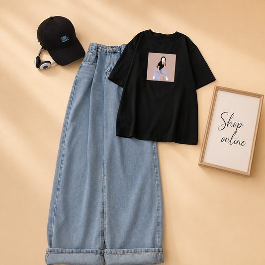 BLACK TEE SITTING GIRL WITH ICE BLUE WIDE LEG JEANS