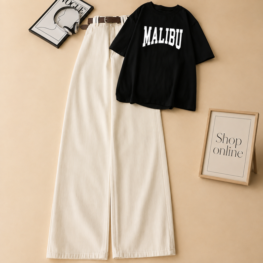 BLACK MALIBU TEE WITH WHITE WIDE LEG JEANS