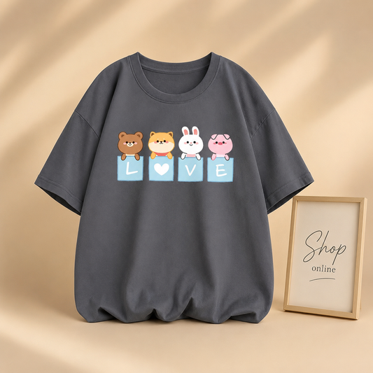 STEEL GREY TEE WITH LOVE CARTOON