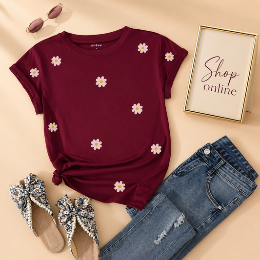 MAROON TSHIRT ( DAISY ALL OVER)