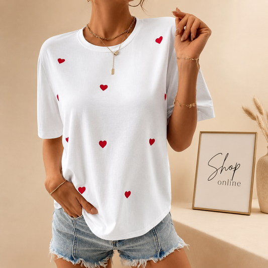WHITE T-SHIRT ( RED HEARTS ALL OVER)