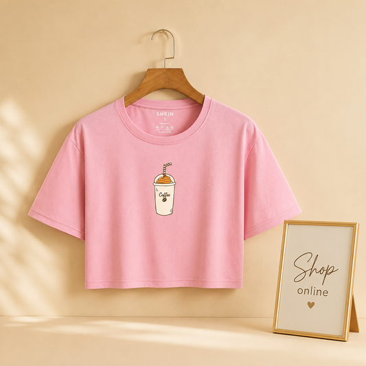 PINK CROP TSHIRT (NEW COFFEE CUP IN CENTRE)