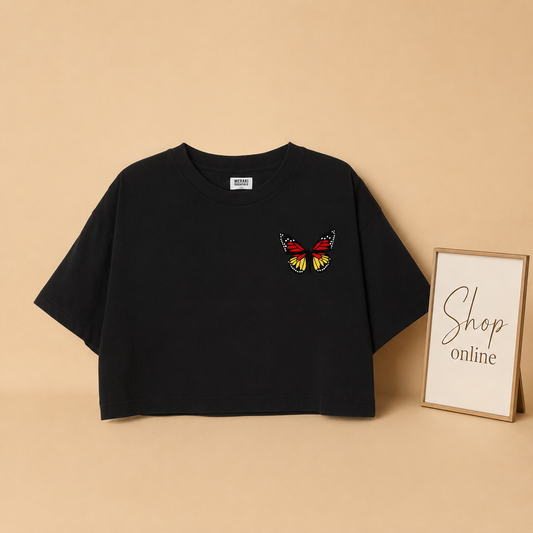 BLACK CROP TSHIRT (RED YELLOW BUTTERFLY ON POCKET)