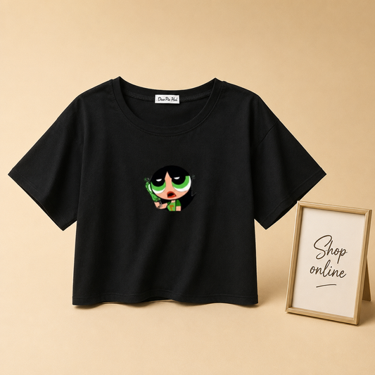 BLACK CROP TSHIRT ( GREEN POWERPUFF IN CENTRE)