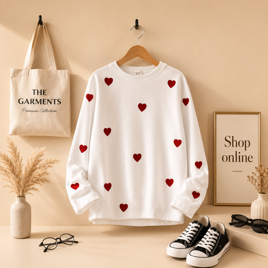 WHITE FULL SLEEVES T-SHIRT ( RED HEARTS ALL OVER)