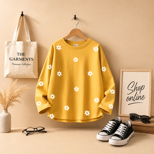 MUSTARD FULL SLEEVES T-SHIRT ( SUNFLOWER ALL OVER)