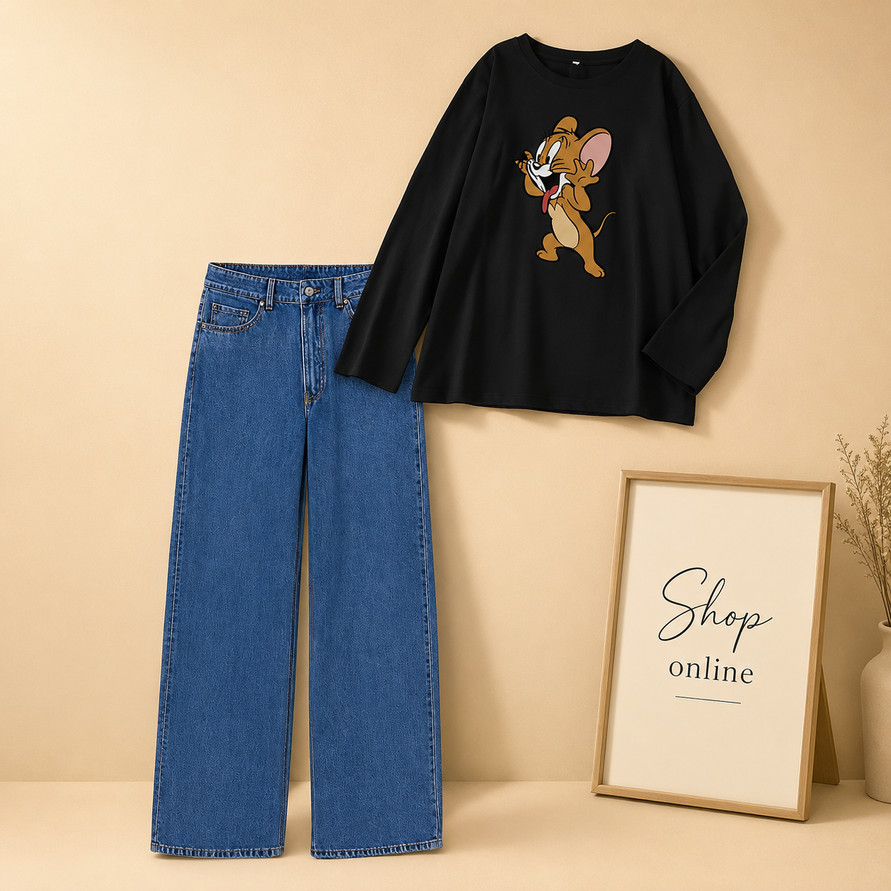 JERRY BLACK FULL SLEEVES WITH DARK BLUE WIDE LEG  JEANS