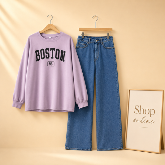 BOSTON LILAC FULL SLEEVES WITH DARK BLUE WIDE LEG  JEANS