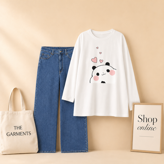 MITHO PANDA WHITE  FULL SLEEVES WITH DARK BLUE WIDE LEG  JEANS