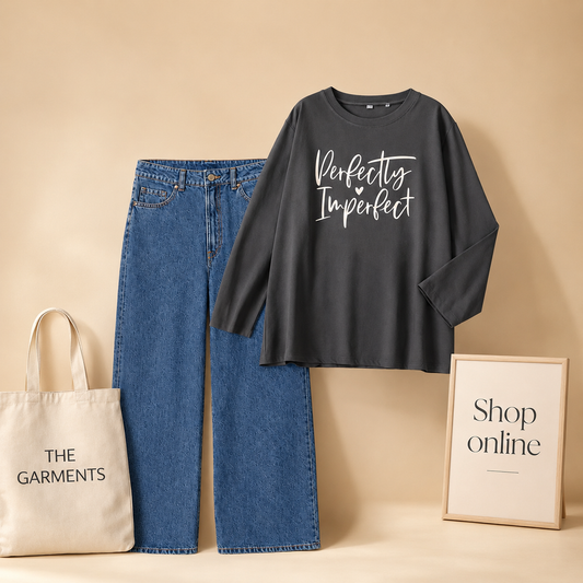 PERFECTLY IMPERFECT CHARCOAL FULL SLEEVES WITH DARK BLUE WIDE LEG  JEANS