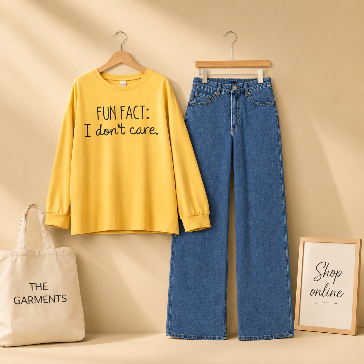 FUN FACT I DONT CARE YELLOW FULL SLEEVES WITH DARK BLUE WIDE LEG  JEANS