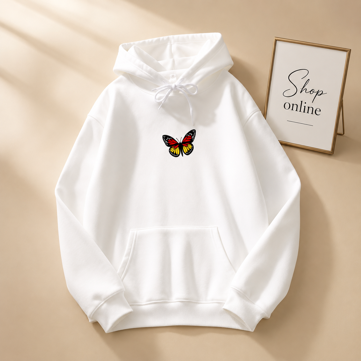 WHITE HOODIE ORANGE BUTTERFLY IN CENTRE