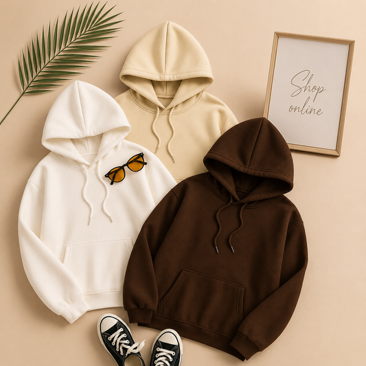 PACK OF 3 PLAIN HOODIES ( BEIGE ,WHITE,DARK BROWN)