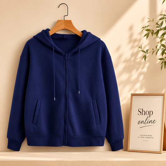 Basic Navy Blue Zipper Hoodie