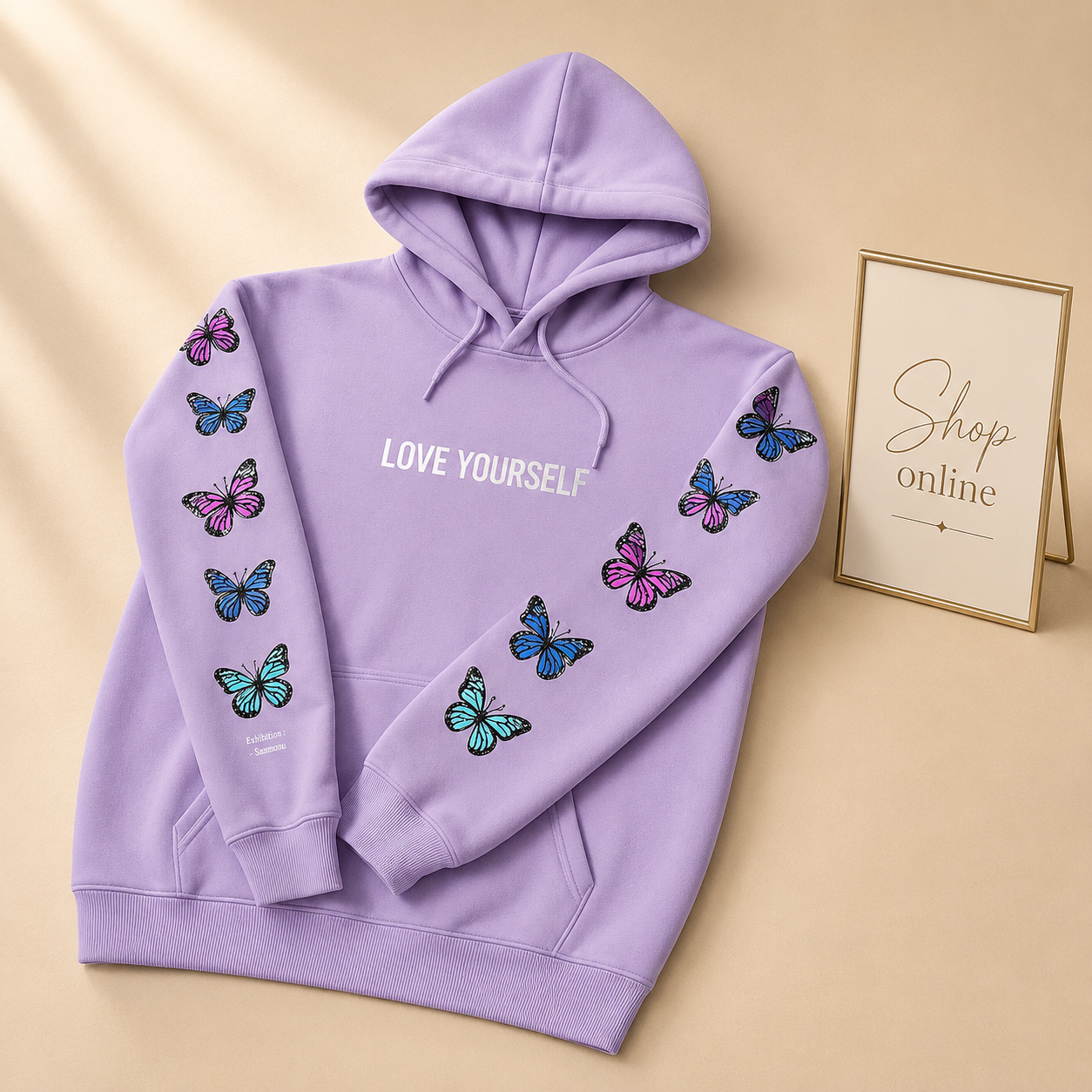 LILAC LOVE YOURSELF HOODIE WITH COLORFUL BUTTERFLIES ON SLEEVES