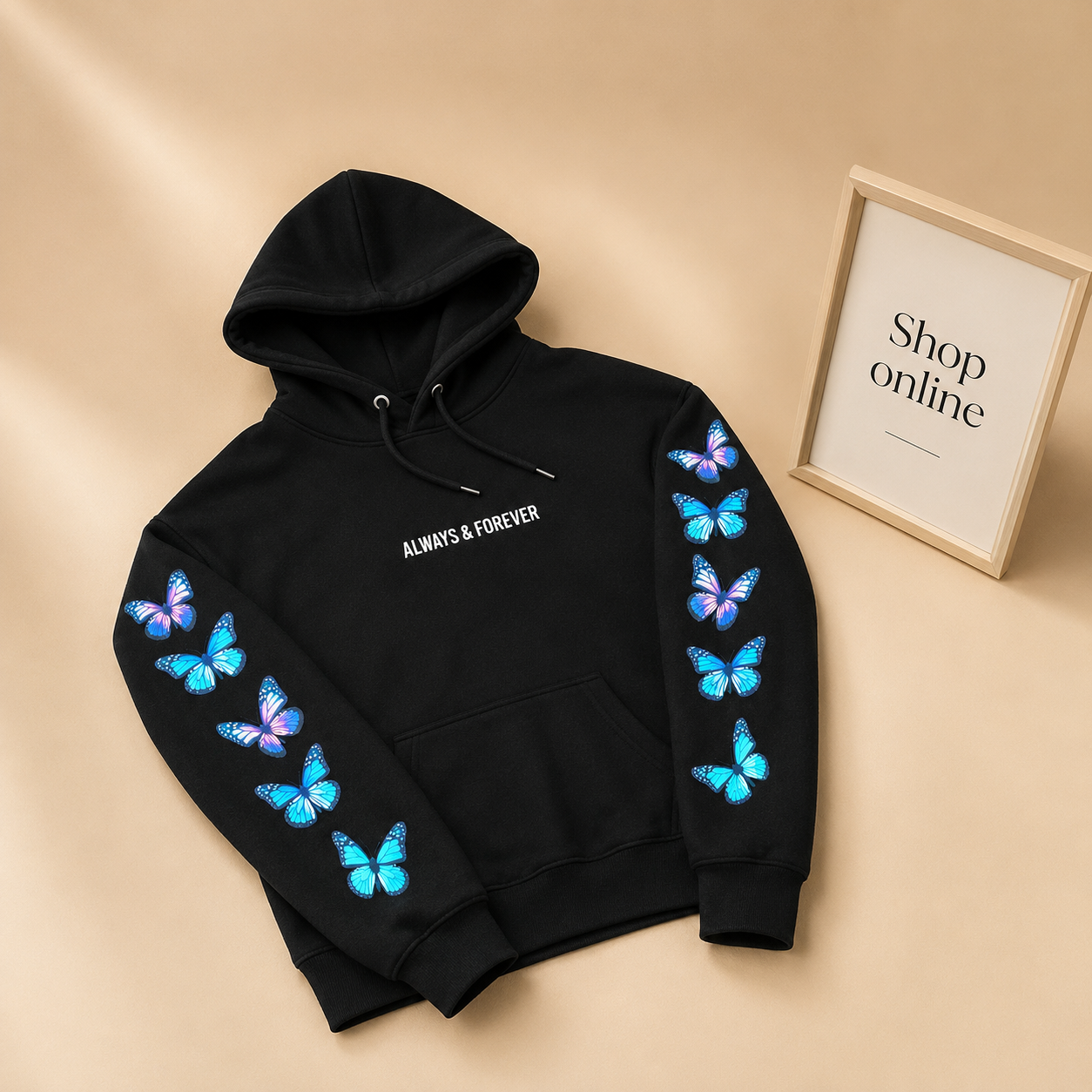 BLACK ALWAYS AND FOREVER HOODIE WITH COLORFUL BUTTERFLIES ON SLEEVES