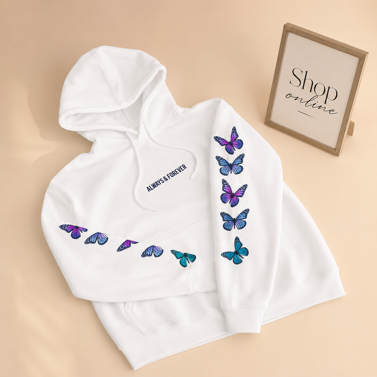 WHITE ALWAYS AND FOREVER HOODIE WITH COLORFUL BUTTERFLIES ON SLEEVES