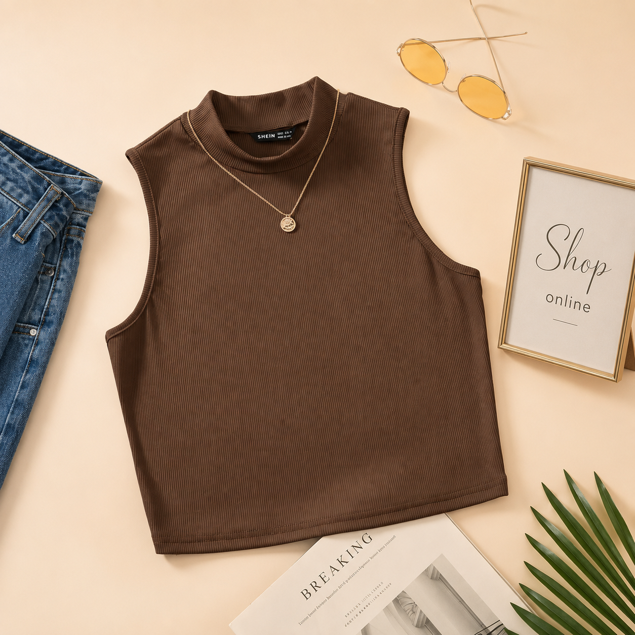 RIB KNIT BROWN TANK TOP