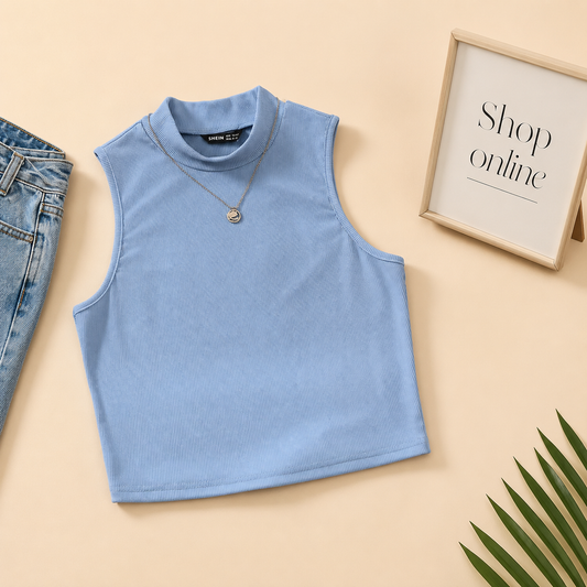 SKY BLUE RIB KNIT TANK TOP