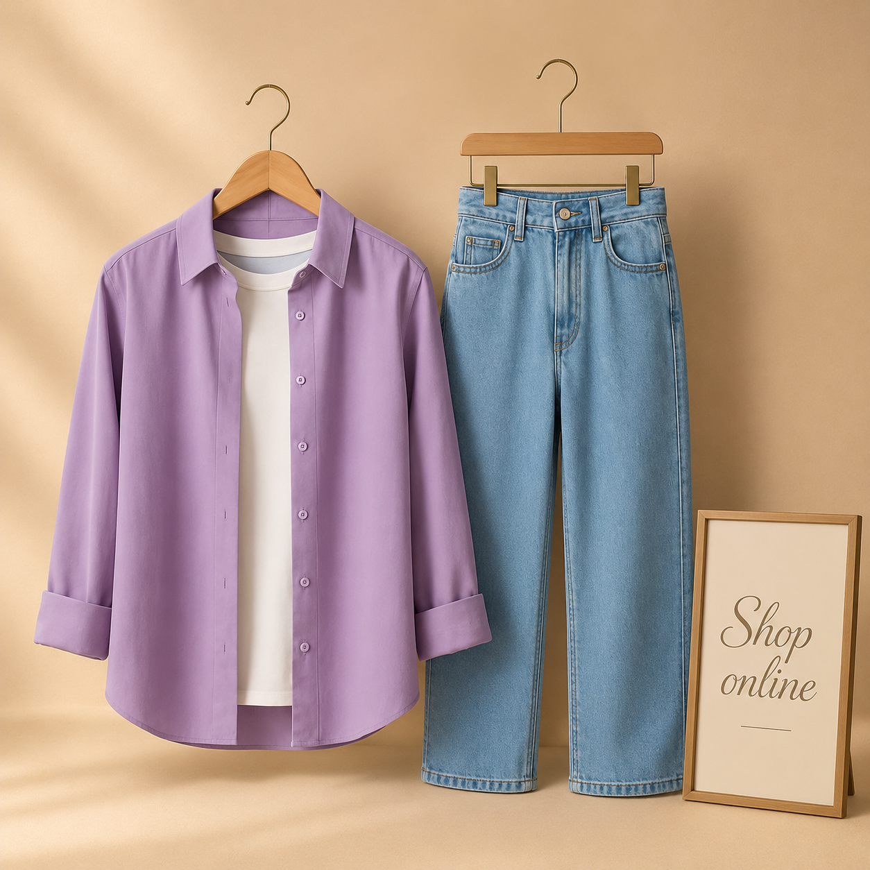 LILAC BUTTON SHIRT WITH WHITE TSHIRT AND SKY BLUE WIDE LEG JEANS (3PCS)