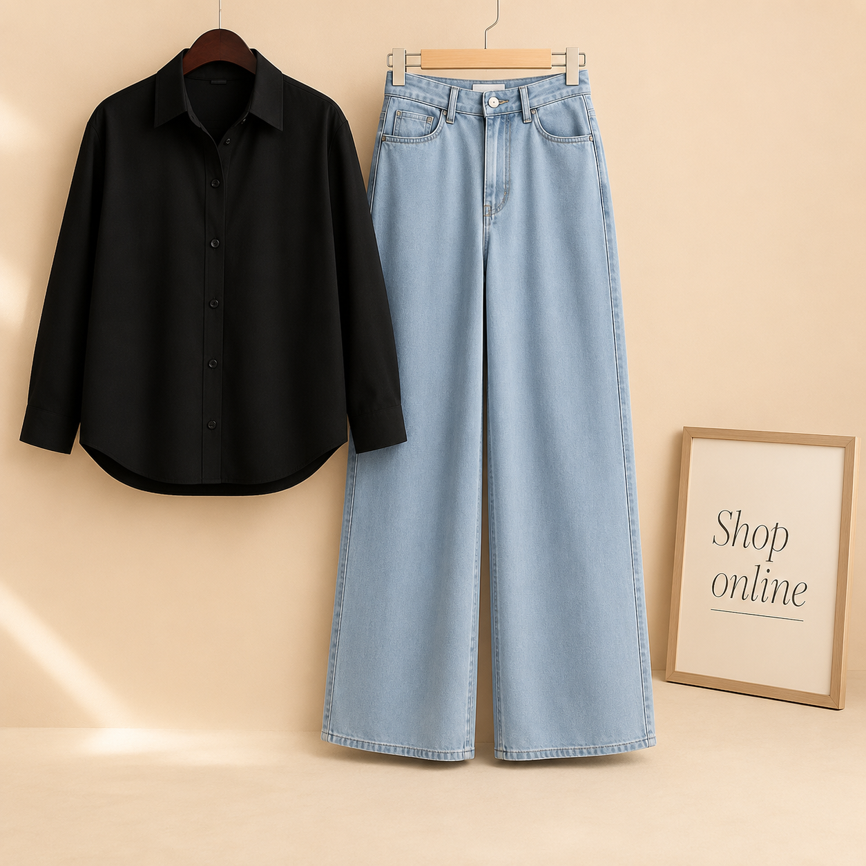 BLACK BUTTON SHIRT WITH WHITE TANKTOP AND ICE BLUE WIDE LEG JEANS (3PCS)