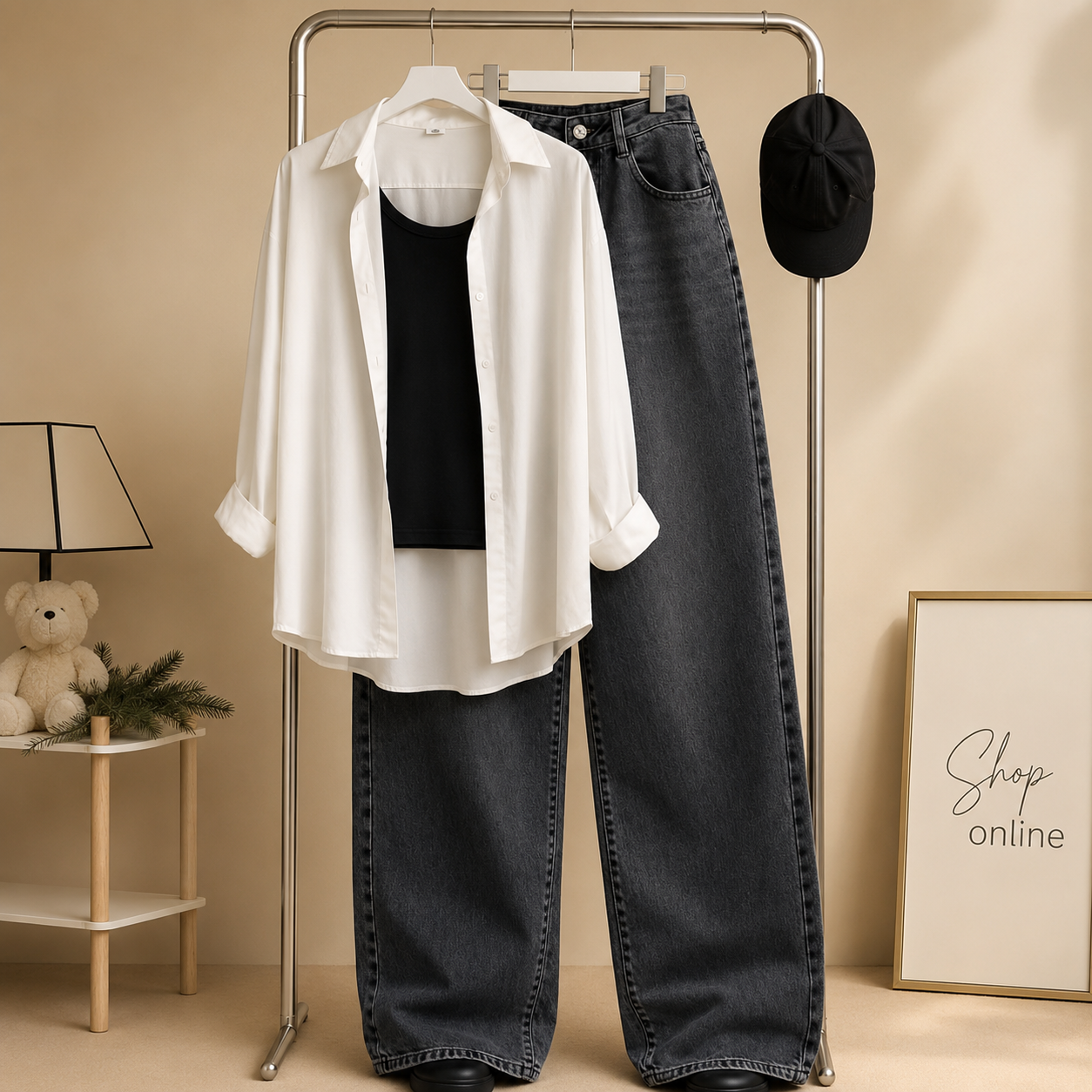 WHITE BUTTON SHIRT WITH BLACK TANKTOP AND MALAYSIAN BLACK WIDE LEG JEANS (3PCS)