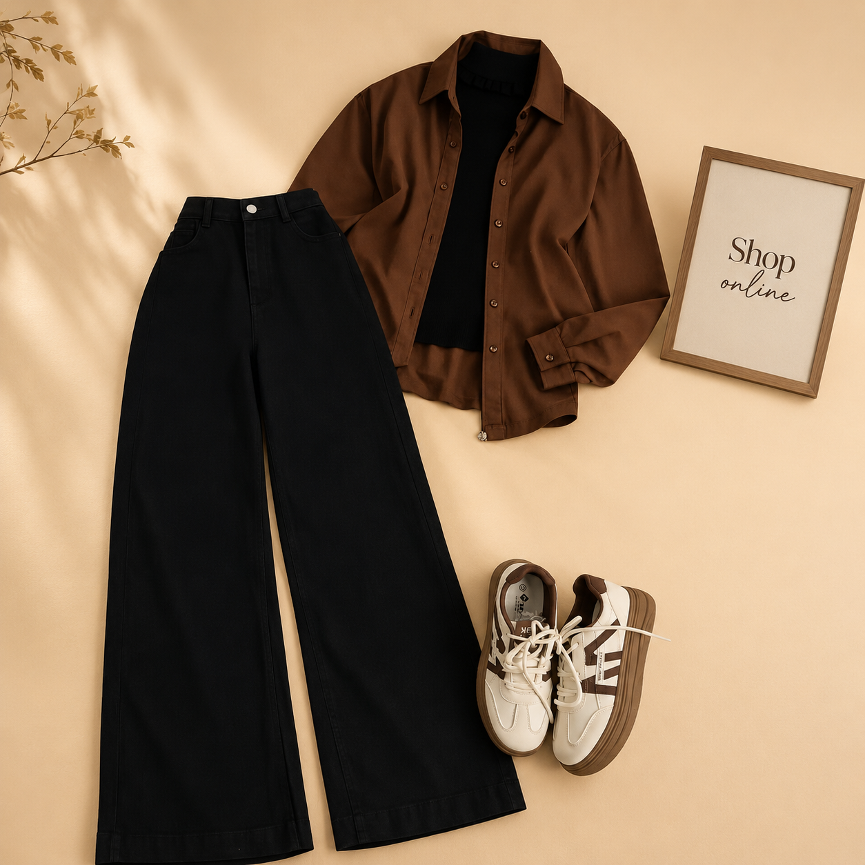 BROWN BUTTON SHIRT WITH BLACK TANKTOP AND BLACK WIDE LEG JEANS (3PCS)