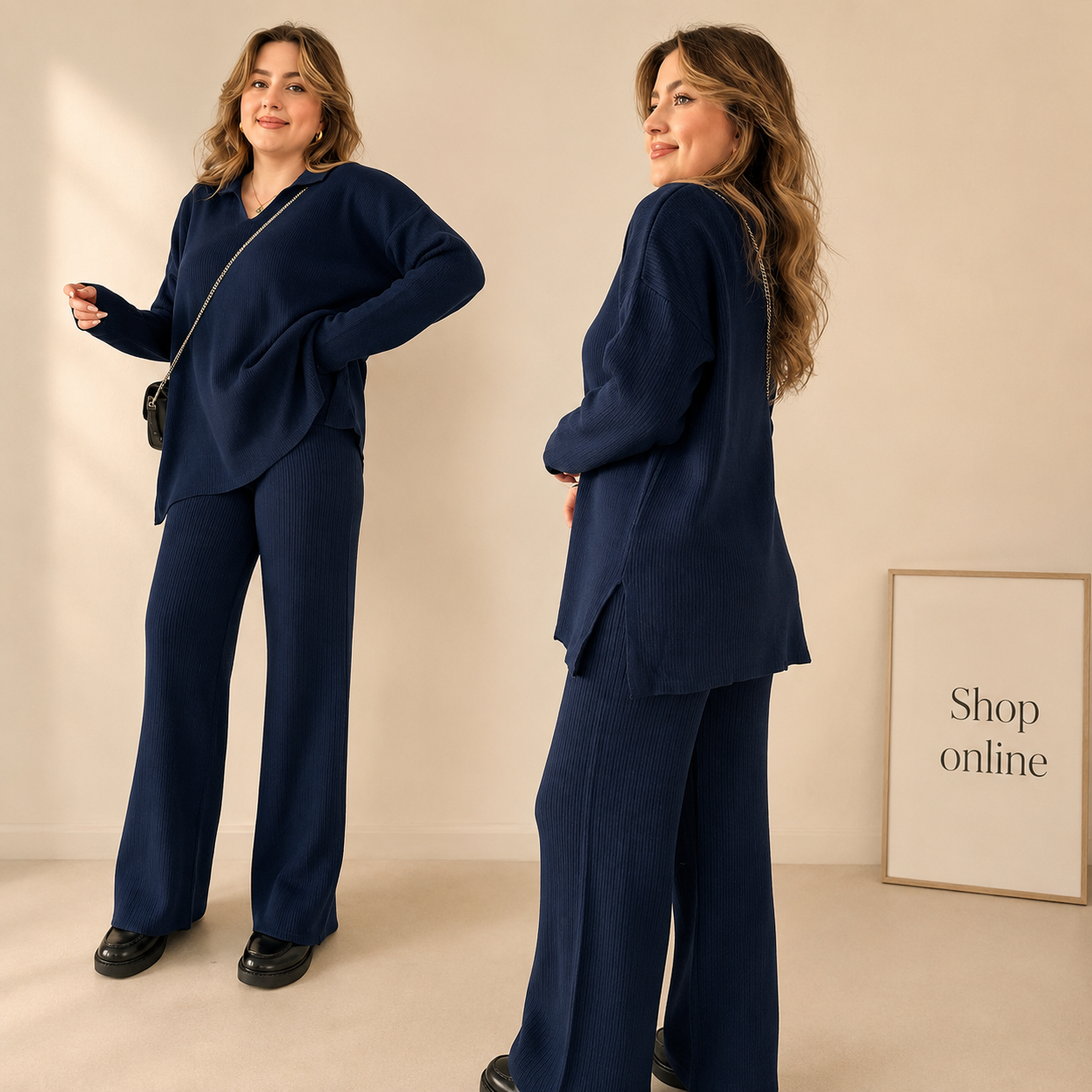 DARK BLUE V RIB KNIT COORD