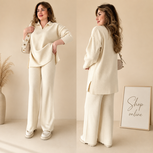 CREAM V RIB KNIT COORD