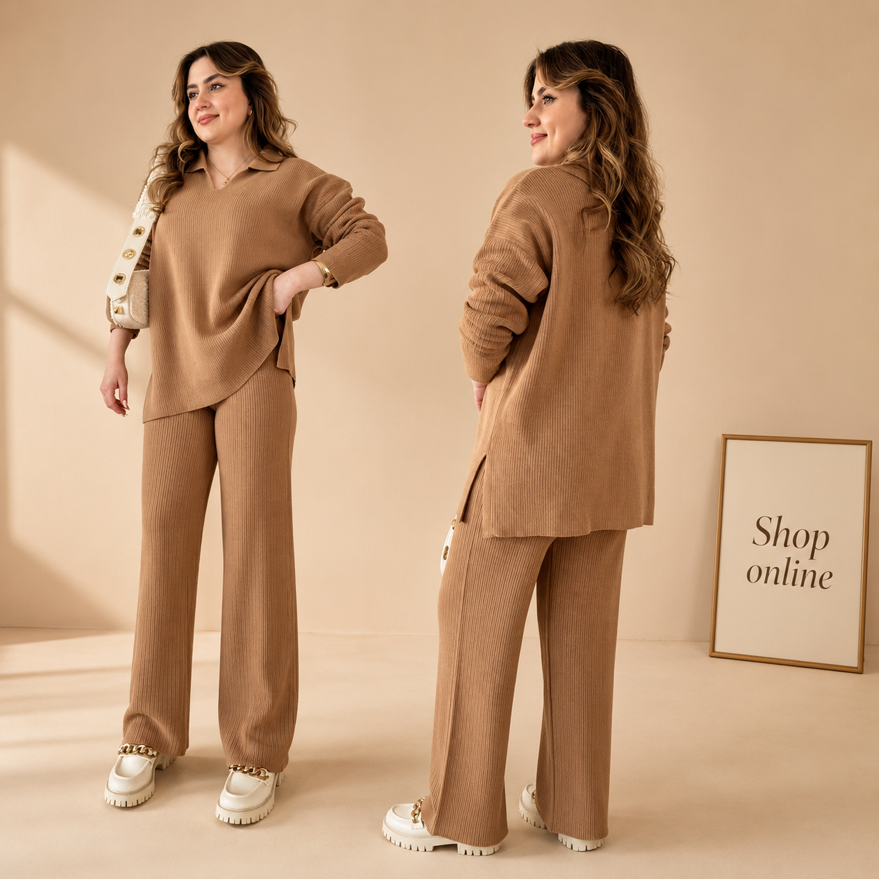 COFFEE BROWN V RIB KNIT COORD