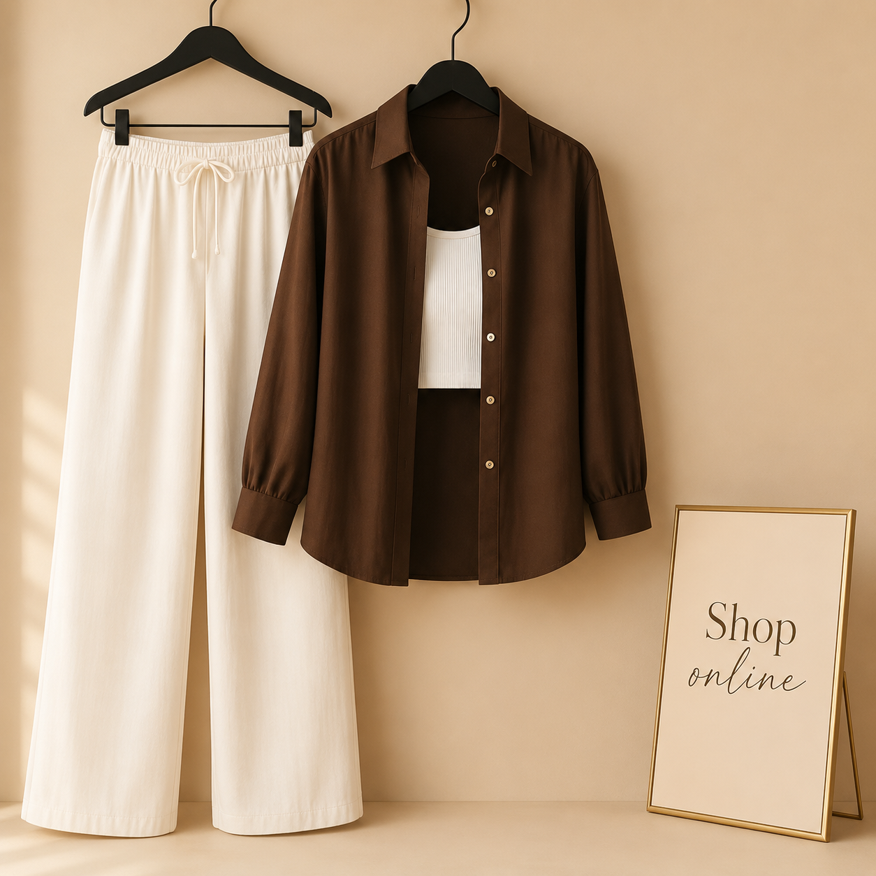 BROWN BUTTON SHIRT WITH WHITE TANKTOP AND BEIGE FLAPPER