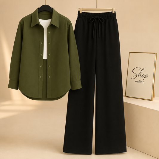 OLIVE GREEN BUTTON SHIRT WITH WHITE TANKTOP AND BLACK FLAPPER