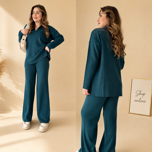 PETROLEUM BLUE V RIB KNIT COORD