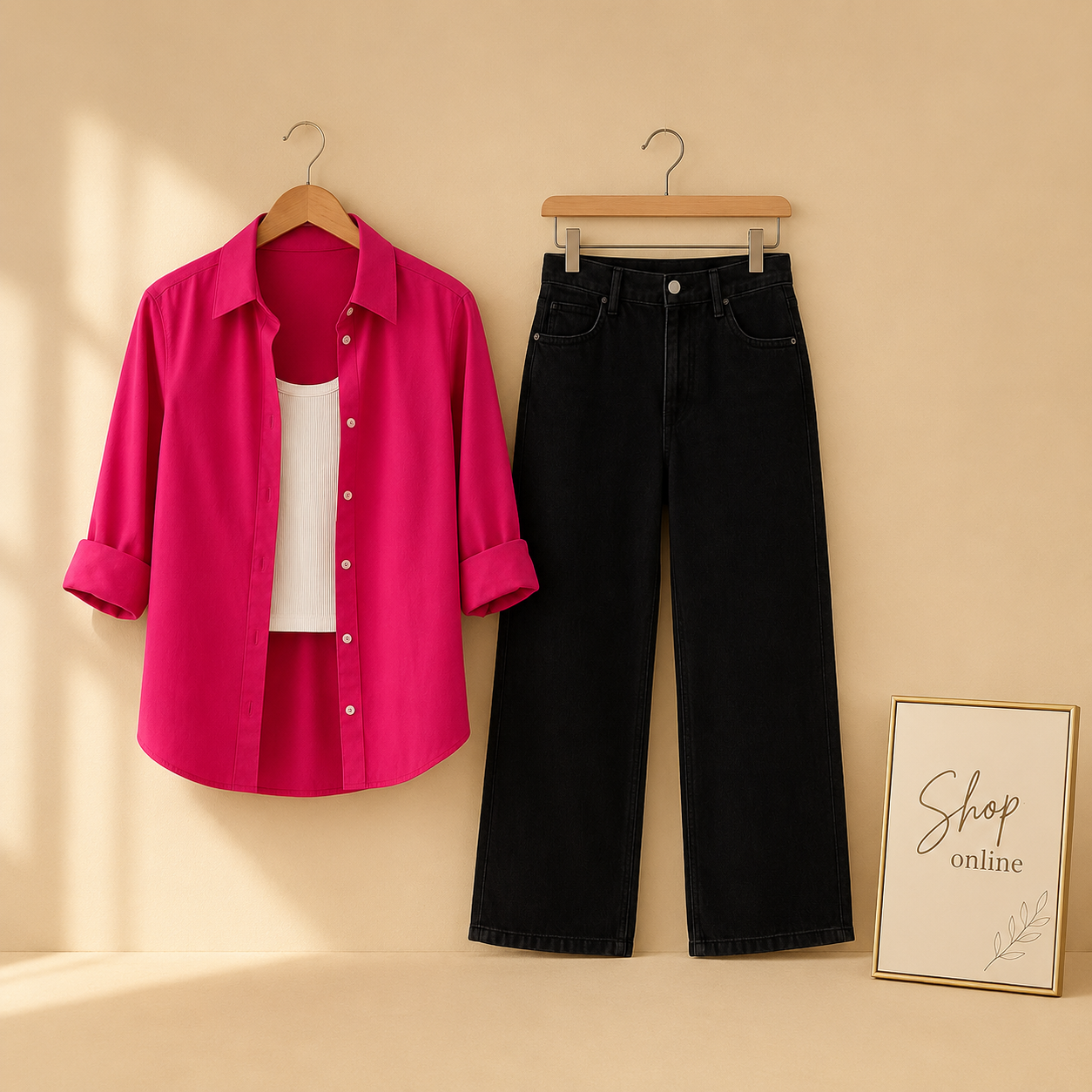 HOT PINK BUTTON SHIRT WITH WHITE TANKTOP AND BLACK WIDE LEG JEANS (3PCS)