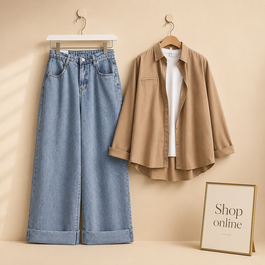 COFEE BROWN SHIRT WITH INNER AND ICE BLUE WIDE LEG JEANS (3PCS)
