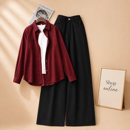 MAROON BUTTON SHIRT WITH INNER AND BLACK WIDE LEG JEANS (3PCS)