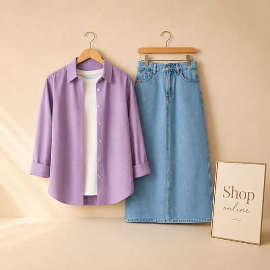 LILAC BUTTON SHIRT WITH WHITE TSHIRT AND SKY BLUE SKIRT (3PCS)