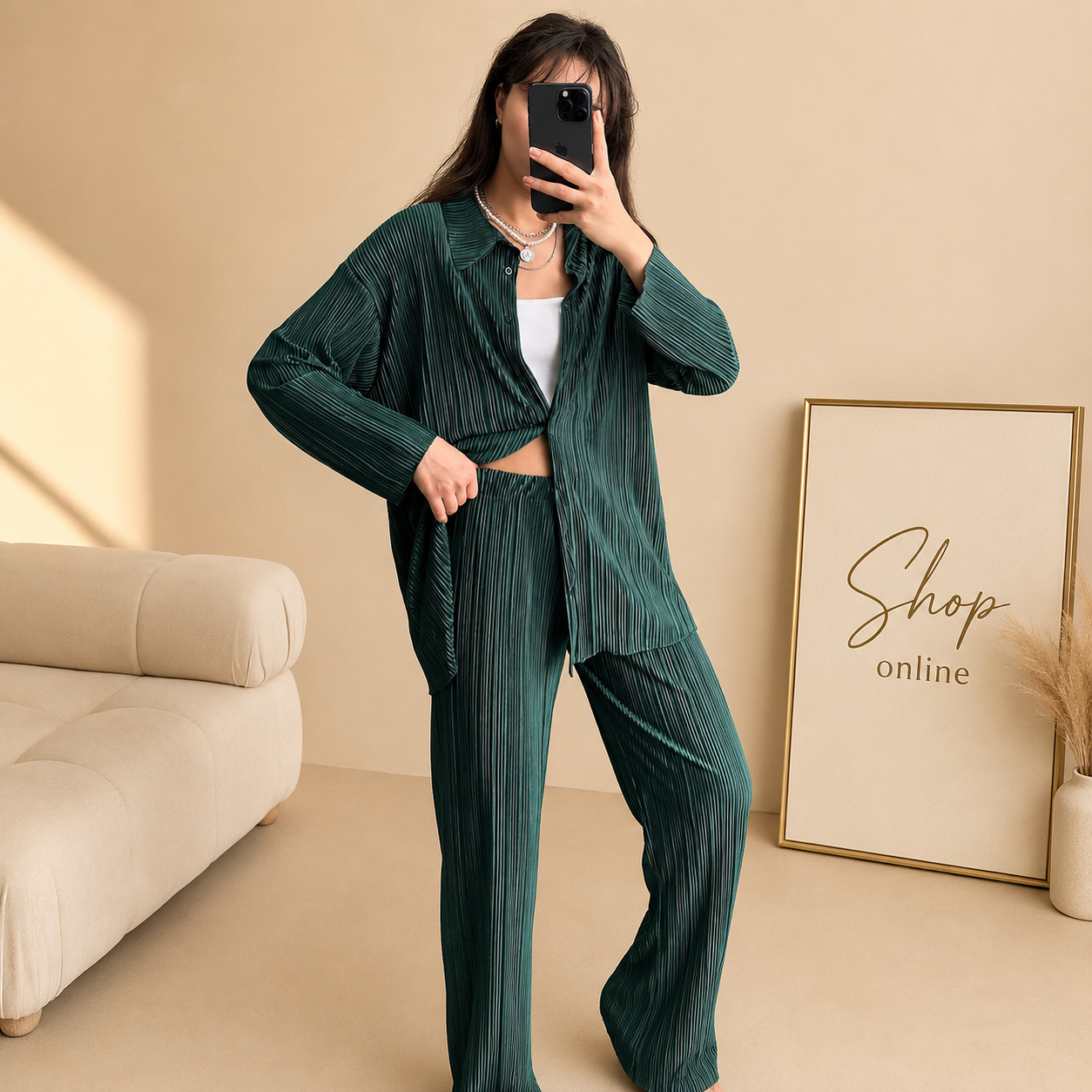 DARK GREEN WRINKLE COORD SET