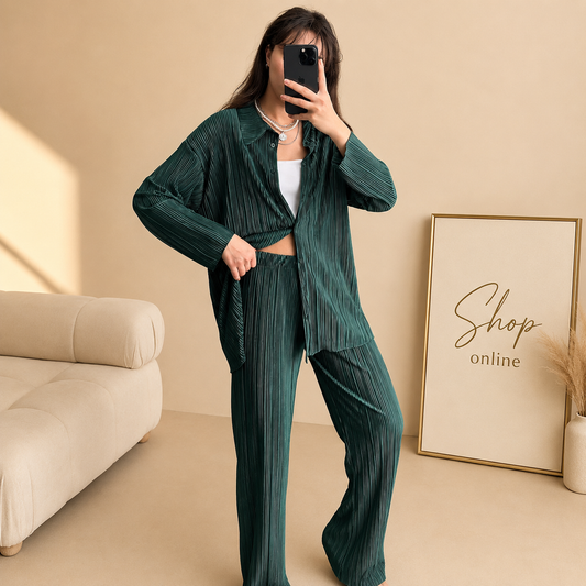 DARK GREEN WRINKLE COORD SET