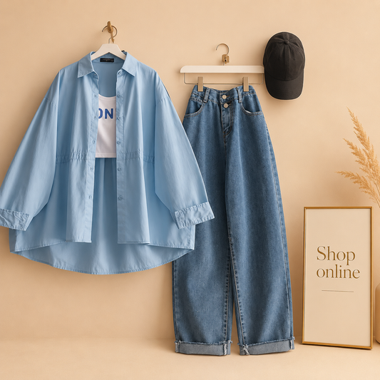 SKY BLUE BUTTON SHIRT AND TANK TOP WITH SKY BLUE WIDE LEG JEANS (3PCS)