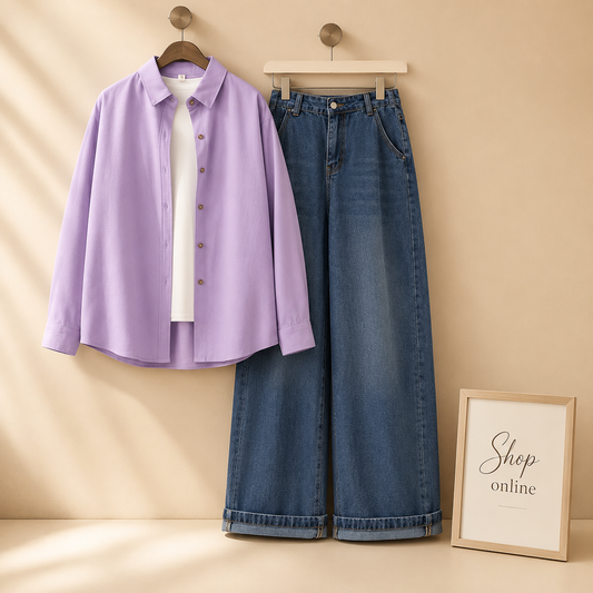 LILAC BUTTON SHIRT WITH INNER AND MID BLUE WIDE LEG JEANS