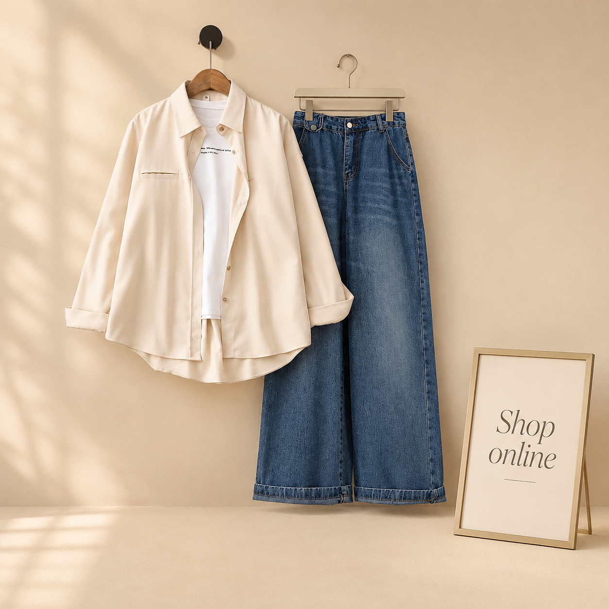 OFFWHITE SHIRT WITH INNER AND MID BLUE WIDE LEG JEANS (3PCS)