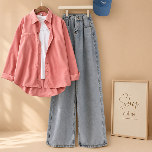 PINK BUTTON DOWN SHIRT WITH INNER AND WITH ICE BLUE WIDE LEG JEANS (3PCS)
