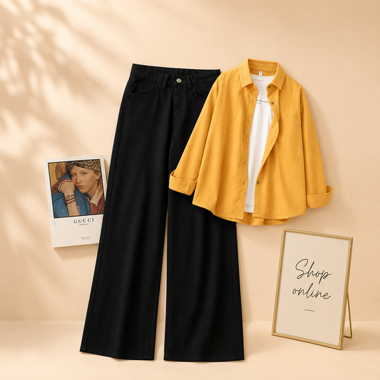 MUSTARD BUTTON DOWN SHIRT WITH INNER WITH BLACK WIDE LEG JEANS