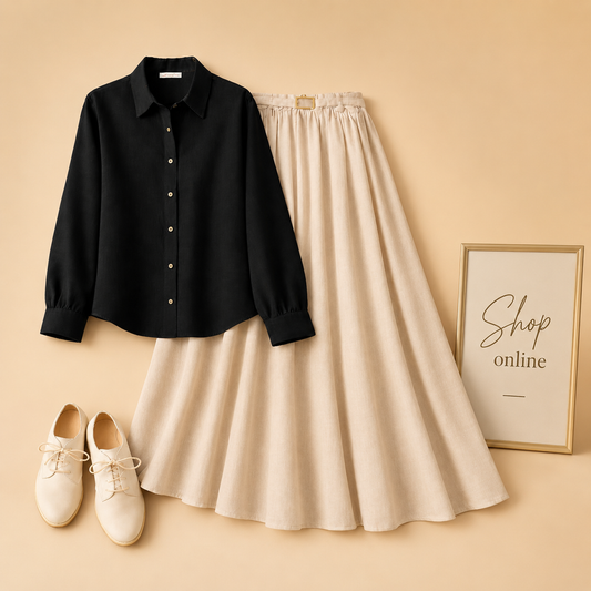 BLACK BUTTON DOWN WITH BEIGE SKIRT (Twill)