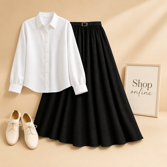WHITE BUTTON DOWN WITH BLACK SKIRT (Twill)